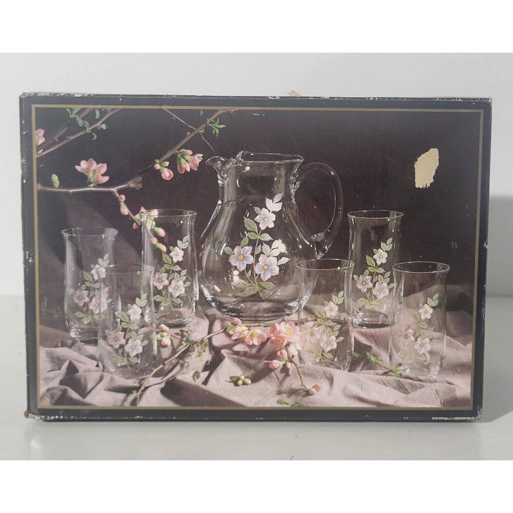 Stylesetter Vintage 7 Piece "Dogwood" Crystal Beverage Ice Tea Lemonade Set NIP